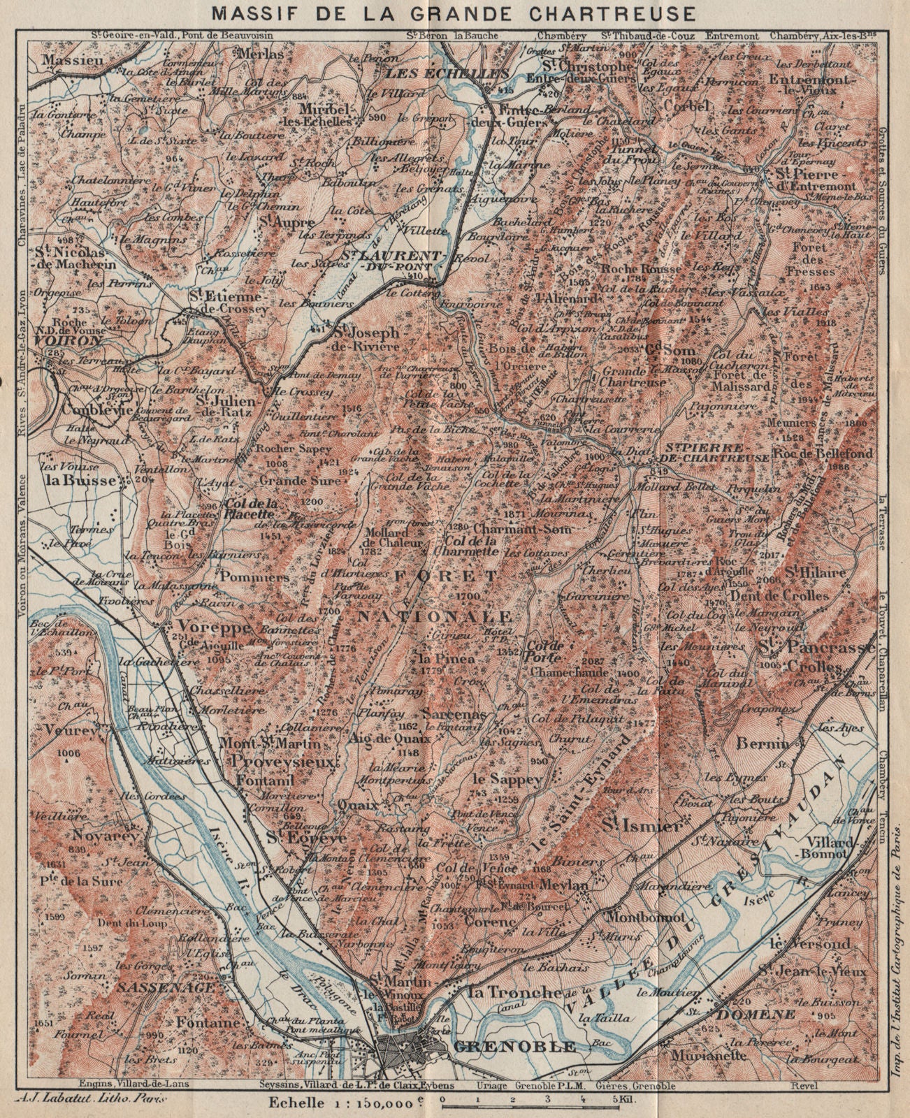 MASSIF DE LA GRANDE CHARTREUSE. Vintage map. Grenoble. Les Echelles. Isère 1920